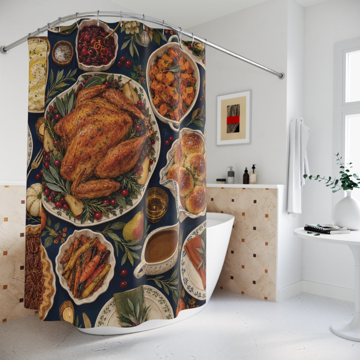 Roast turkey feast with cream dishes on navy shower curtain beside a freestanding tub