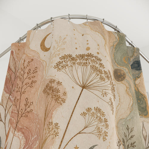 Abstract Botanical Moon boho soft shower curtain with close-up print, hooks, and folds