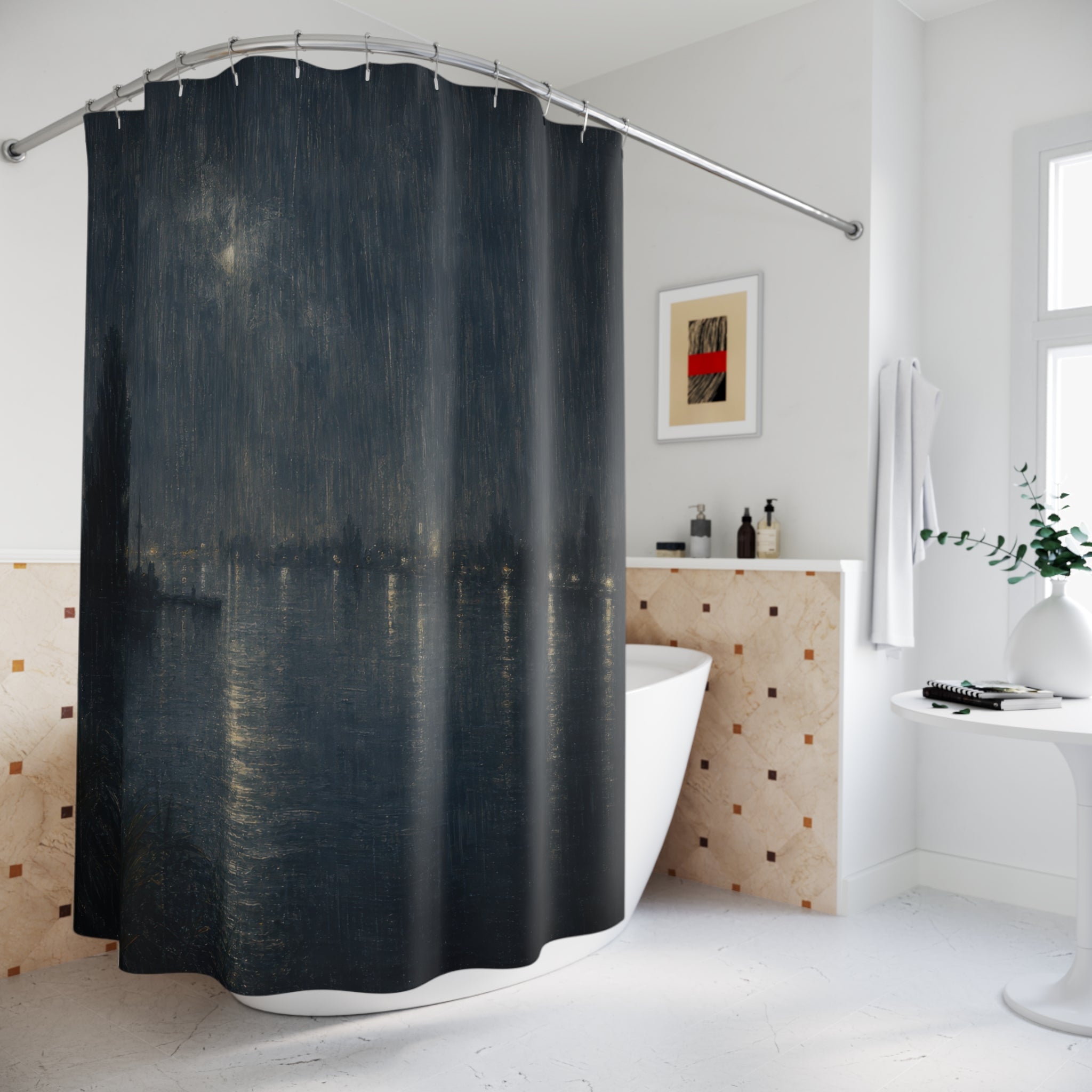 Dark Blue River Nocturne Print Shower Curtain