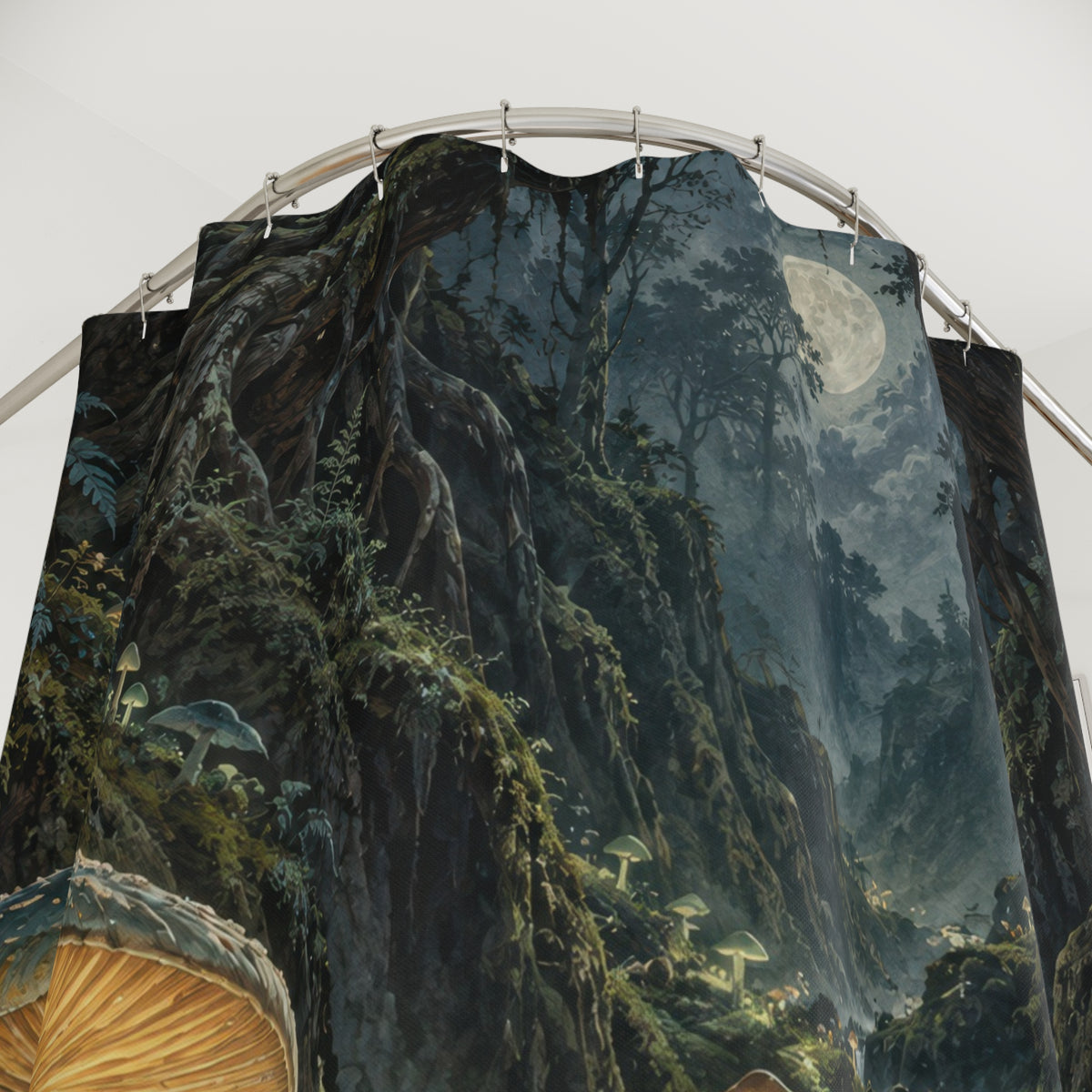 Vintage mushroom forest with glowing golden gills shower curtain with close-up print, hooks, and folds