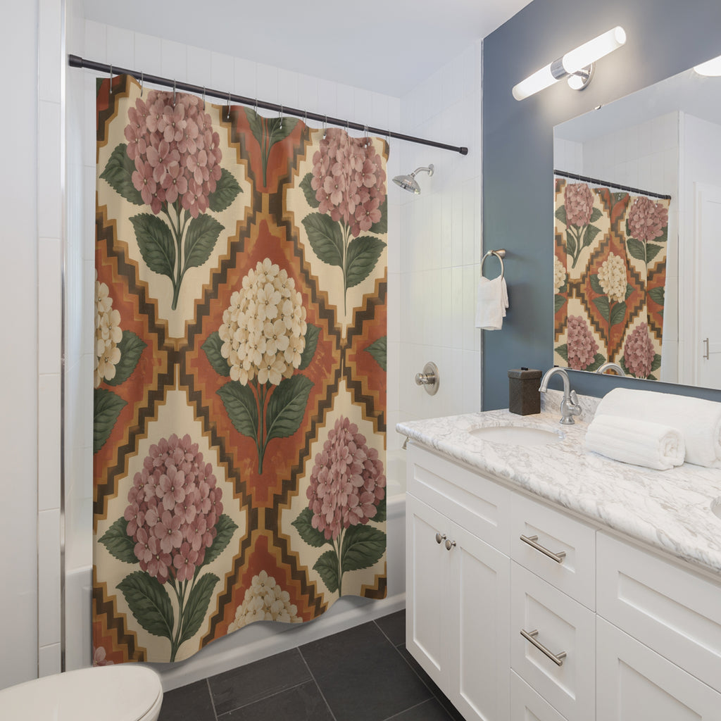 Mauve and cream hydrangeas inside terracotta diamonds shower curtain beside a white vanity