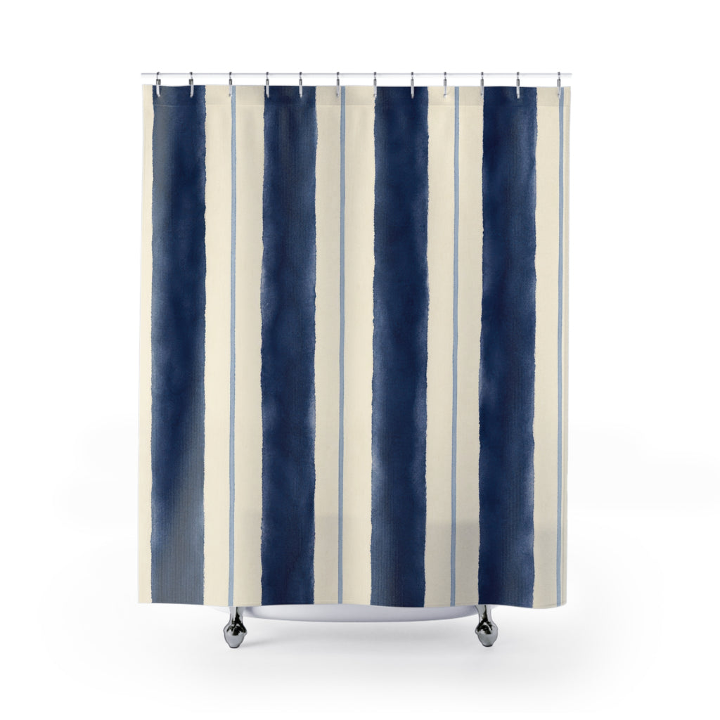 Navy Indigo Cream Brush Stripe Shower Curtain