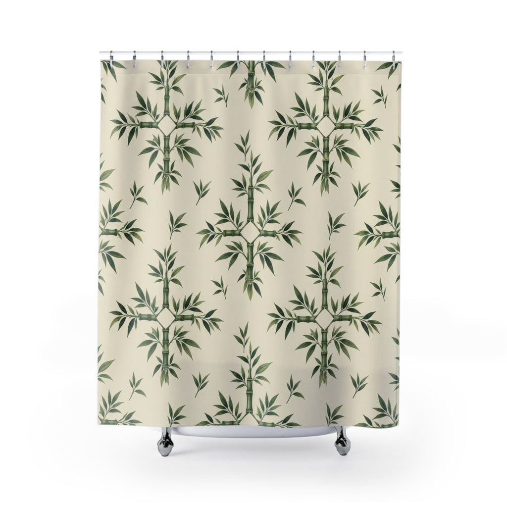 Sage bamboo ornaments and leaf sprigs on cream shower curtain with full front view