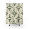 Sage bamboo ornaments and leaf sprigs on cream shower curtain with full front view