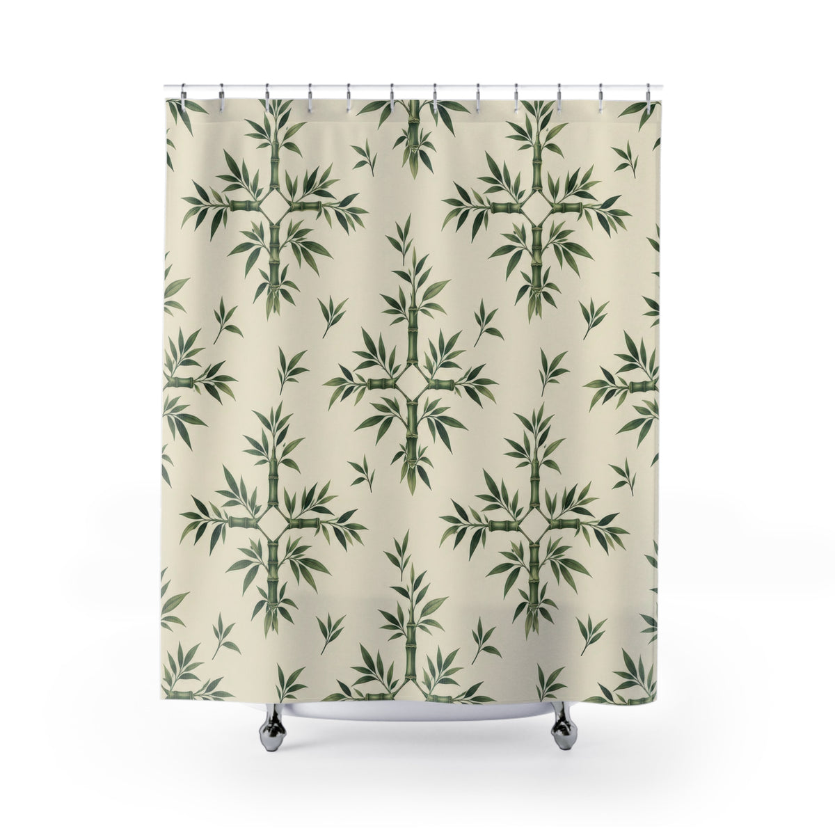Sage bamboo ornaments and leaf sprigs on cream shower curtain with full front view