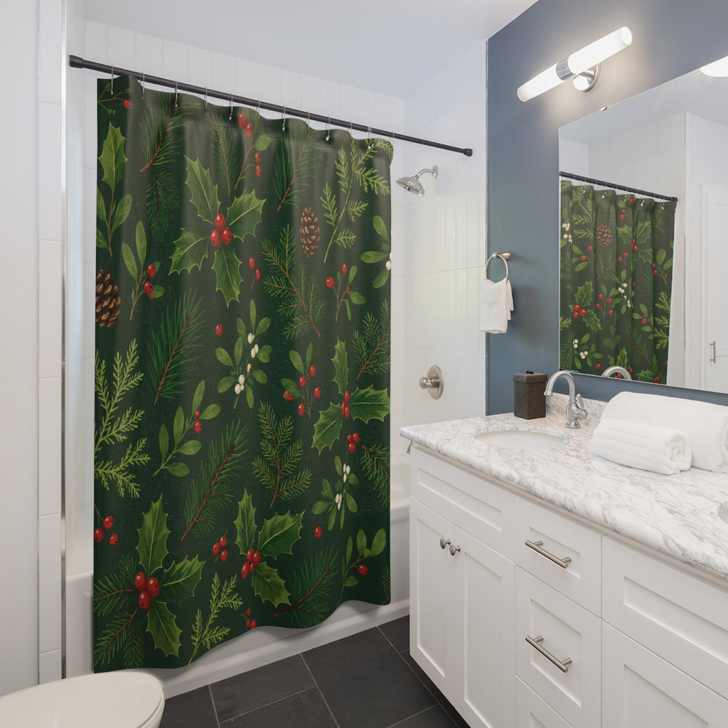 Christmas Shower Curtain: Green Botanical Holiday