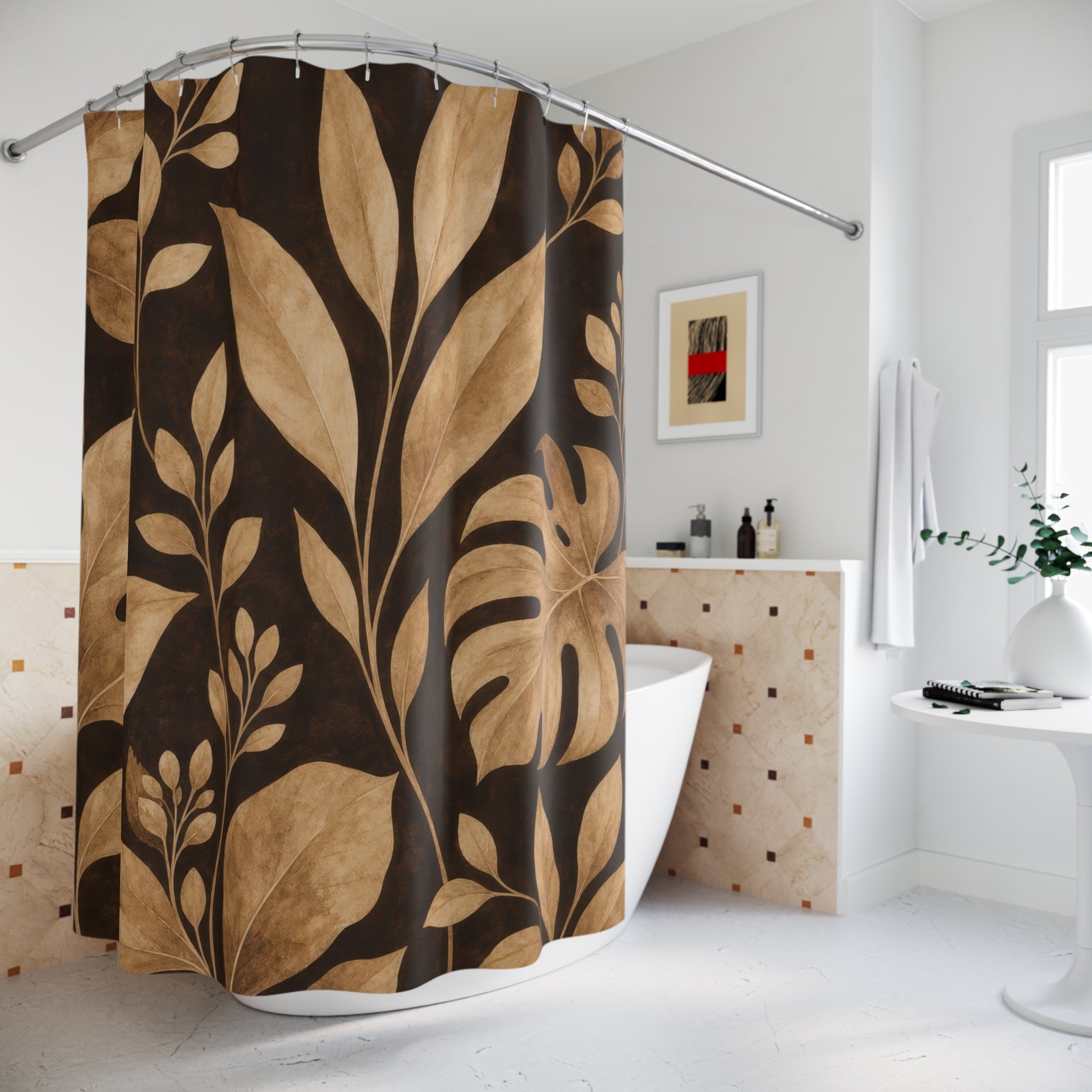 Black Brown Monstera Leaf Shower Curtain