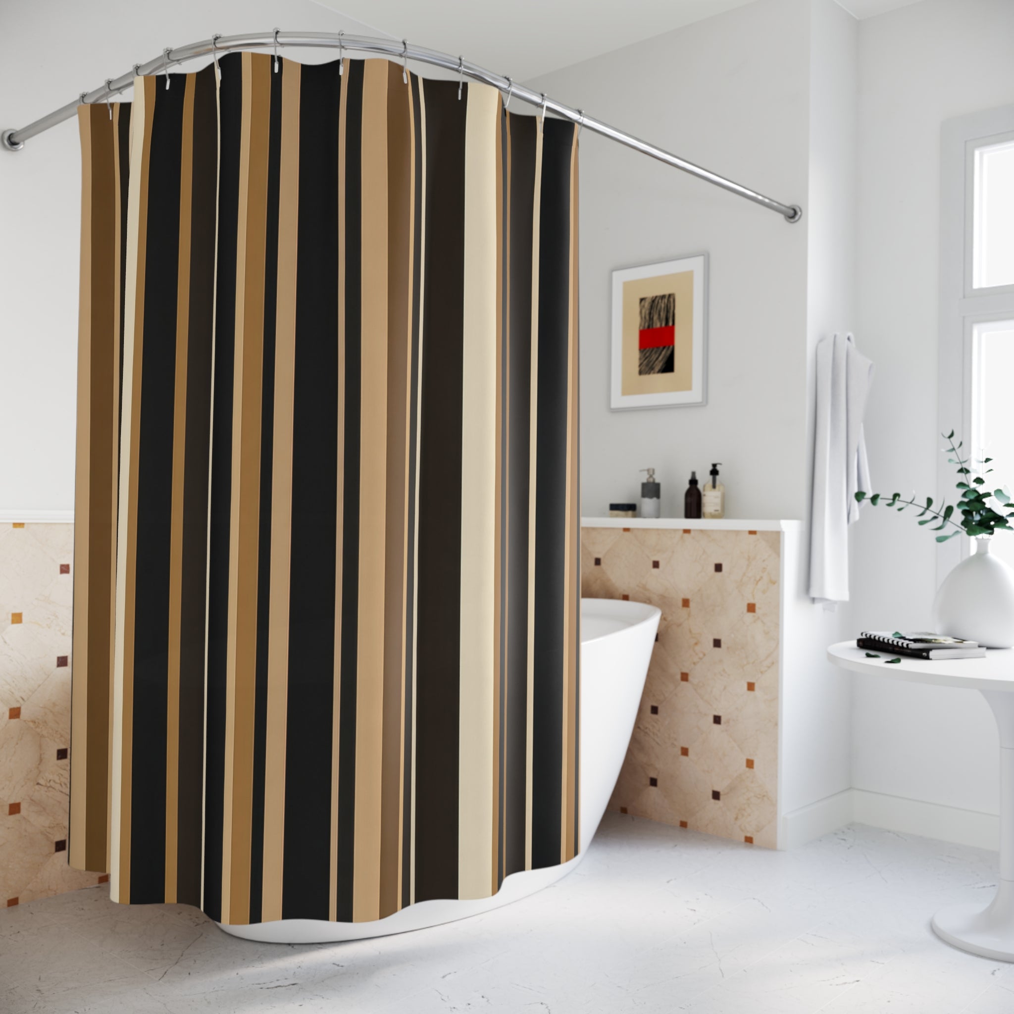Black Brown Striped Shower Curtain, Modern Geometric Bath Decor, Cream Tan Vertical Stripe Pattern, Warm Neutral Bathroom Decor Style