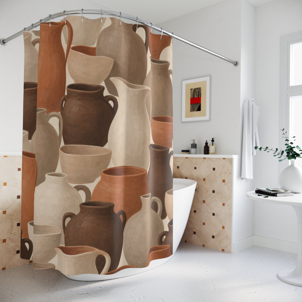Terracotta and cream pottery shower curtain beside a freestanding tub