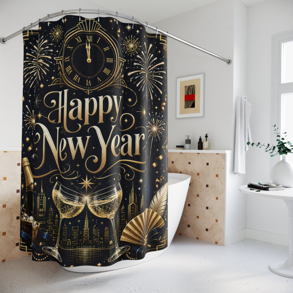 New Year Shower Curtain: Black Gold Deco