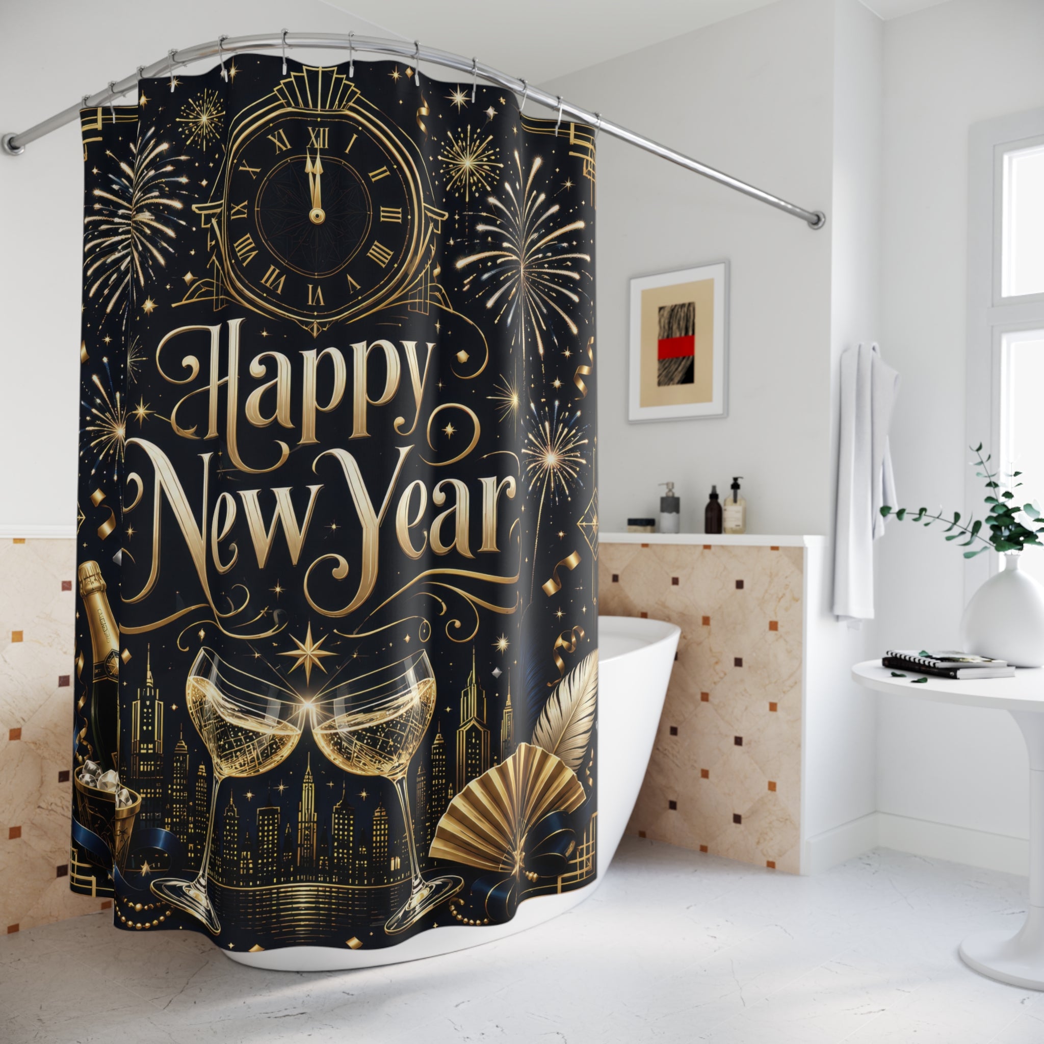 New Year Shower Curtain: Black Gold Deco