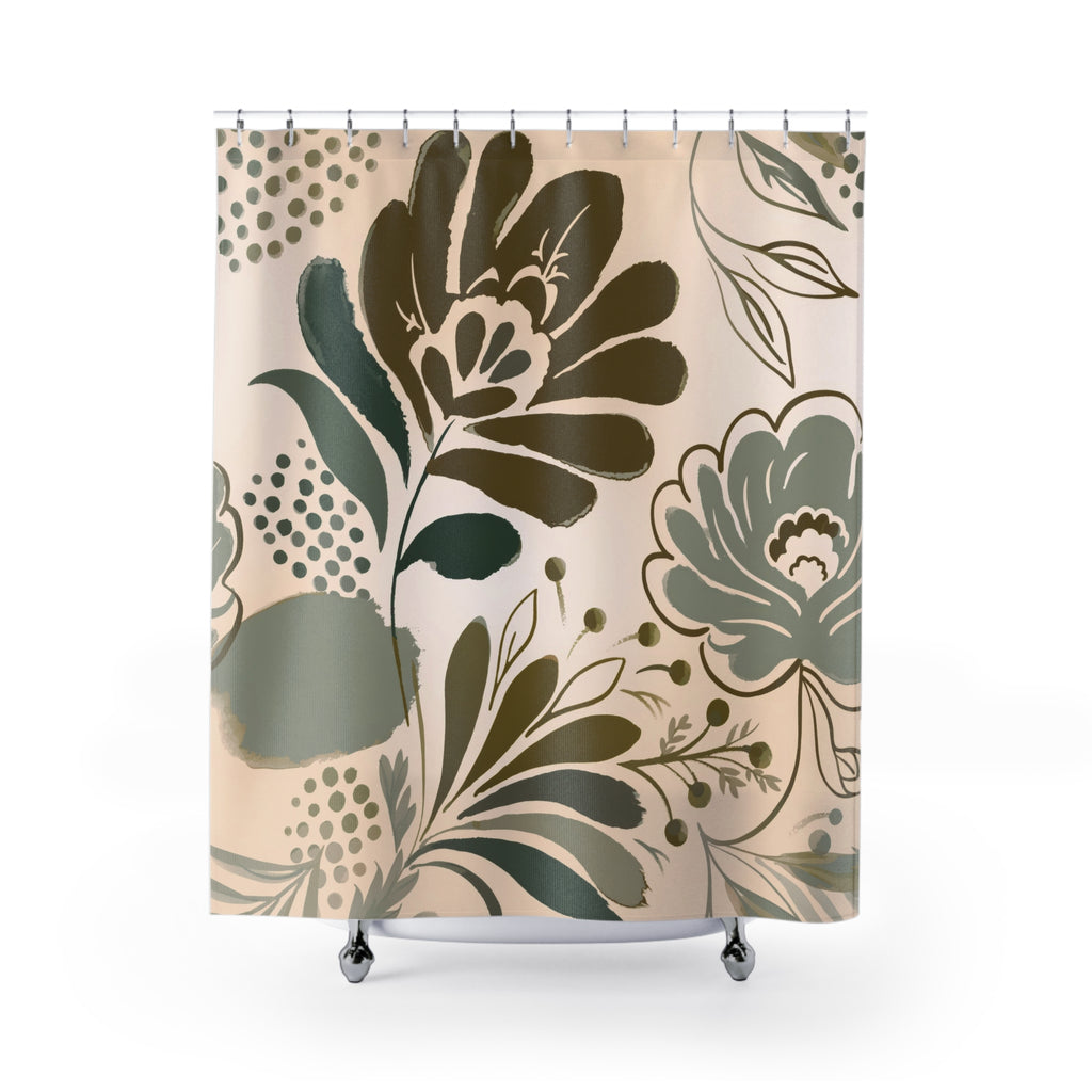 Retro Botanical Shower Curtain — Brown and Green