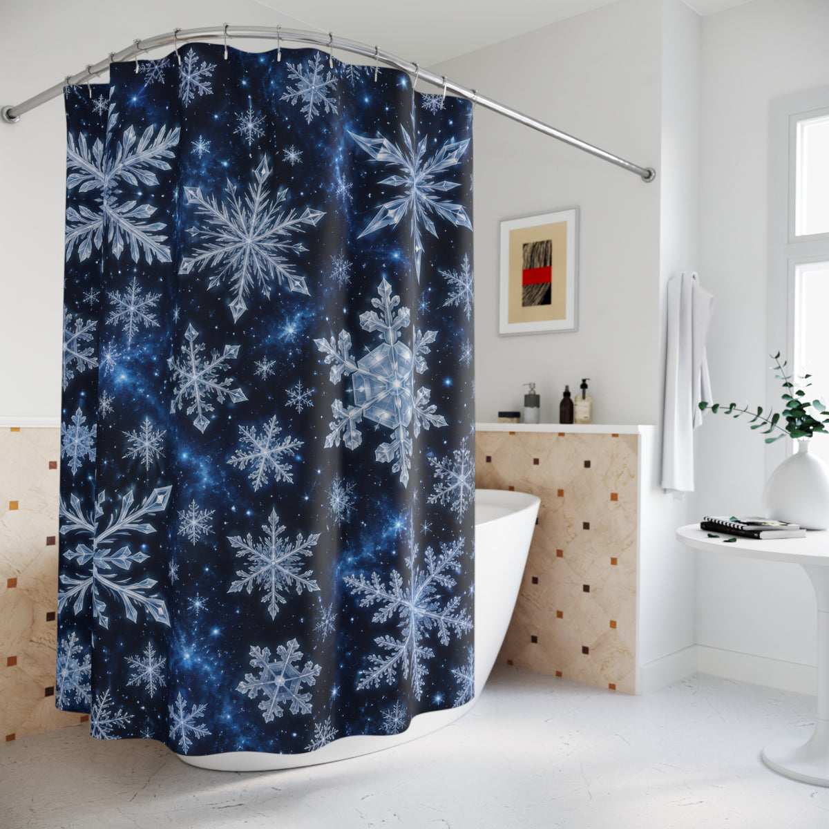 White snow crystals on deep navy shower curtain beside a freestanding tub