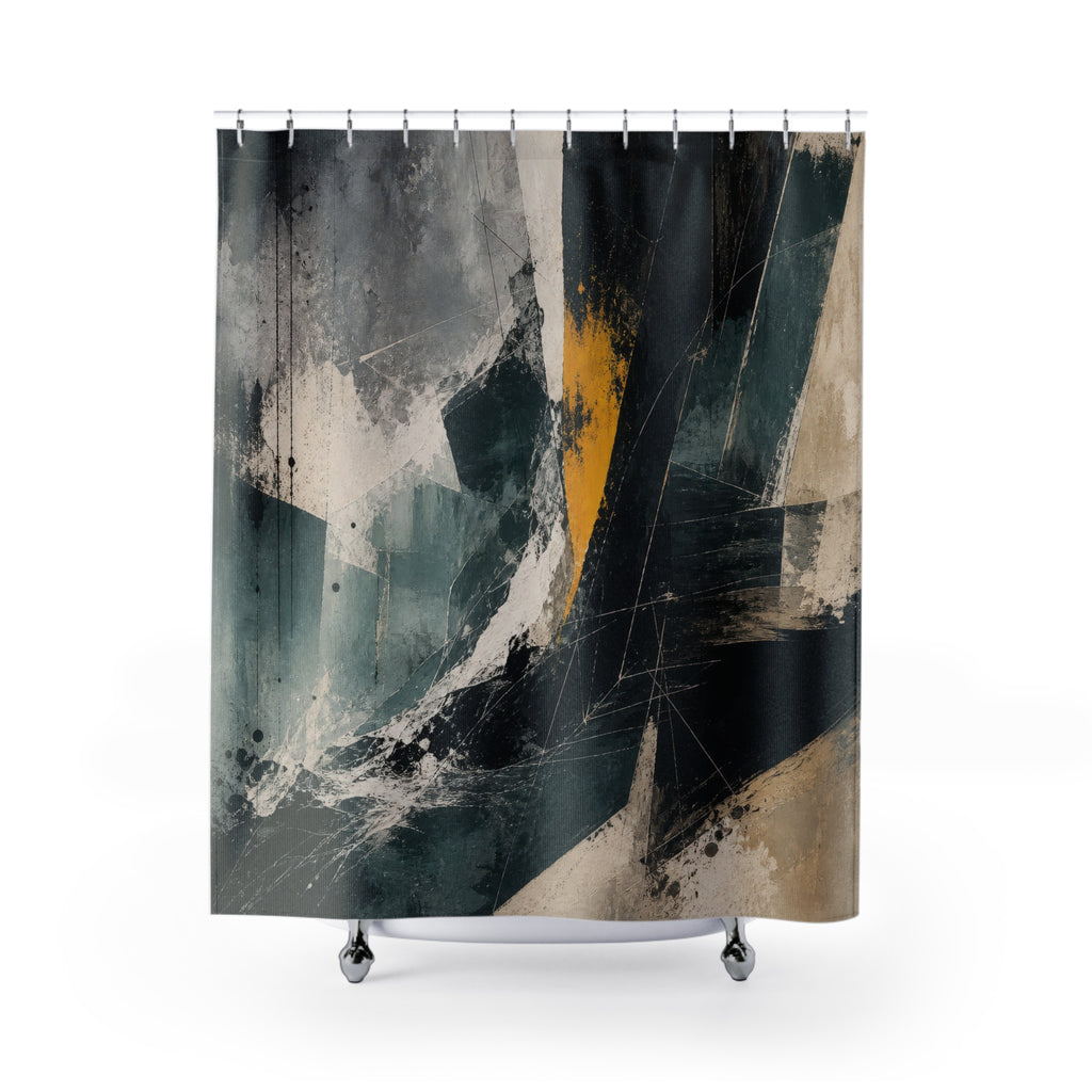 Abstract Shower Curtain, Teal Black White Brushstroke Art, Modern Bathroom Decor, Angular Minimalist Bath, Gold Accent Design, Dark Decor