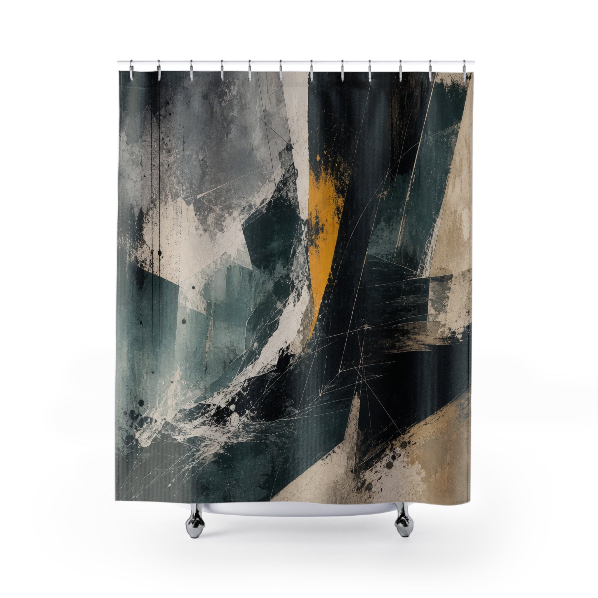 Abstract Shower Curtain, Teal Black White Brushstroke Art, Modern Bathroom Decor, Angular Minimalist Bath, Gold Accent Design, Dark Decor