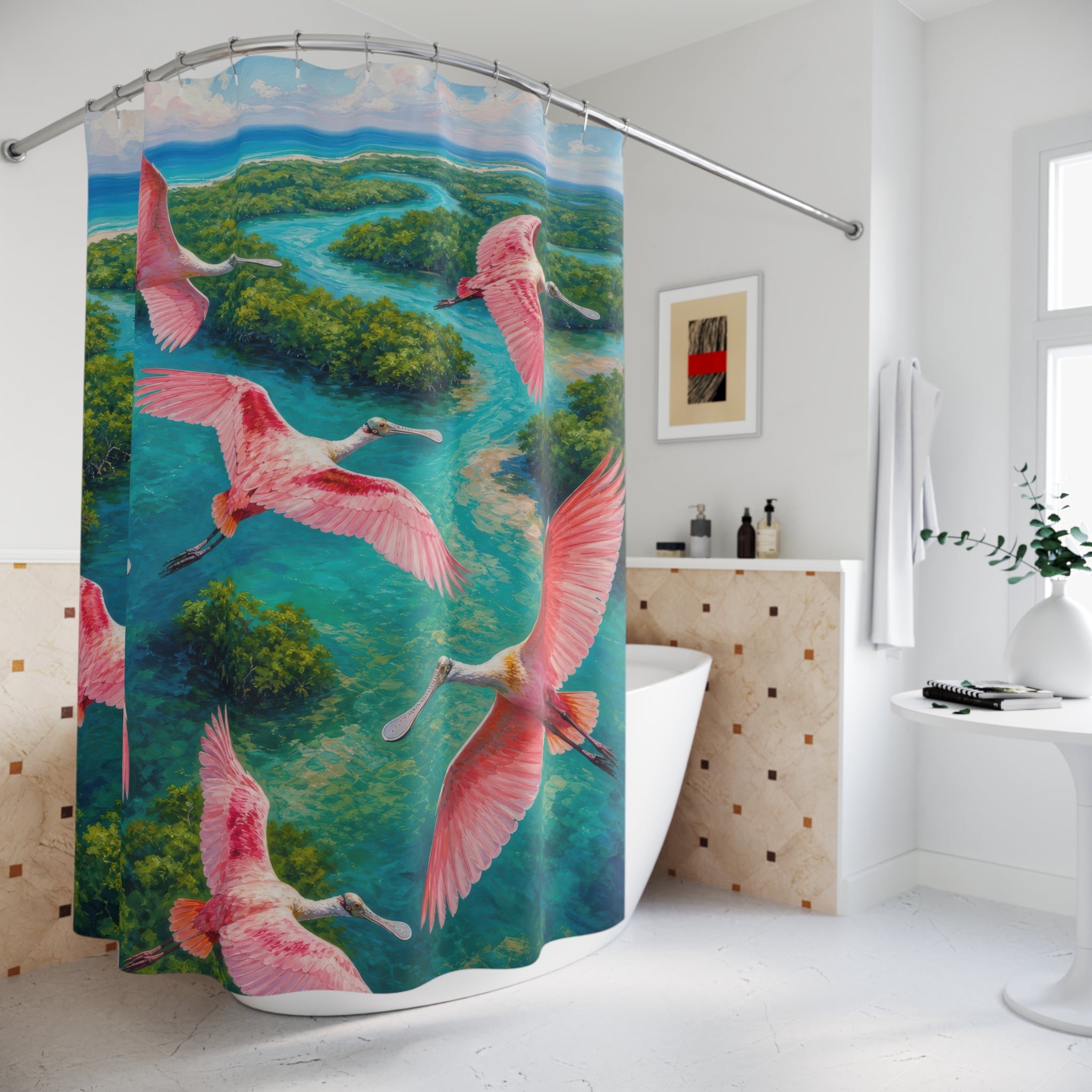 Roseate Spoonbill Lagoon Flock Shower Curtain