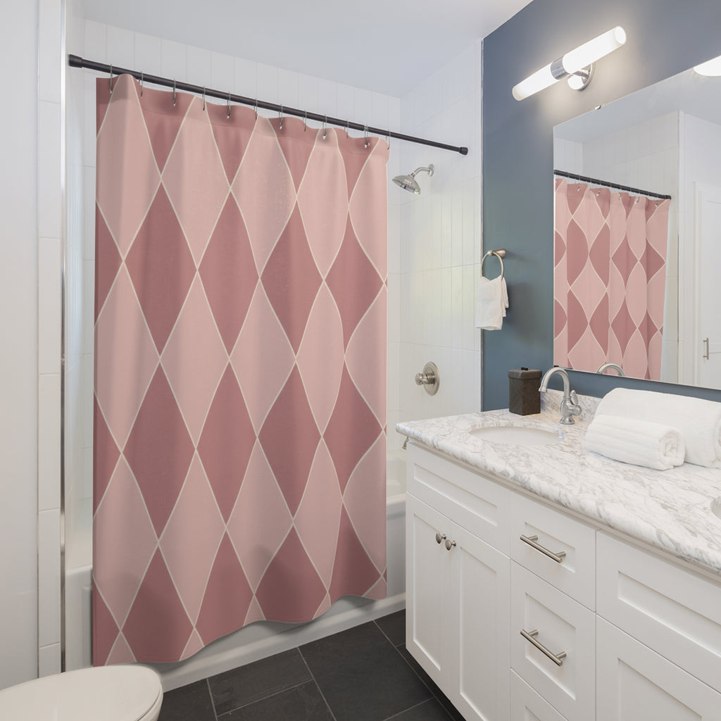 Blush harlequin diamonds with fine ivory lines shower curtain beside a white vanity