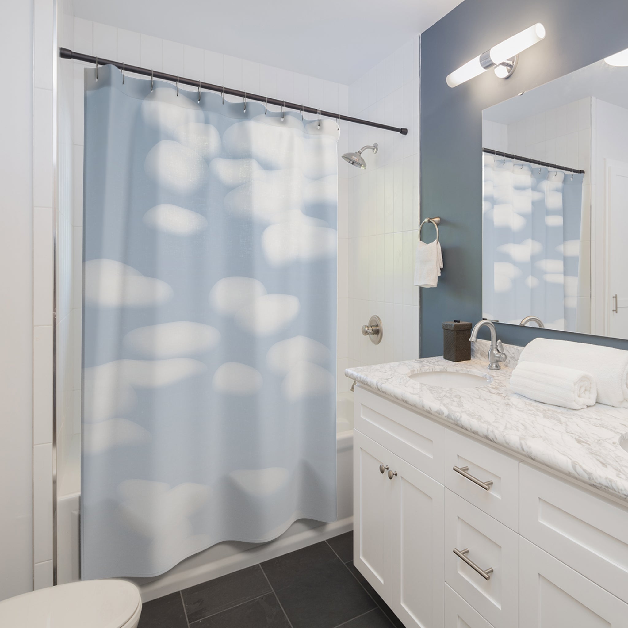Blue and White Cloud Drift Shower Curtain
