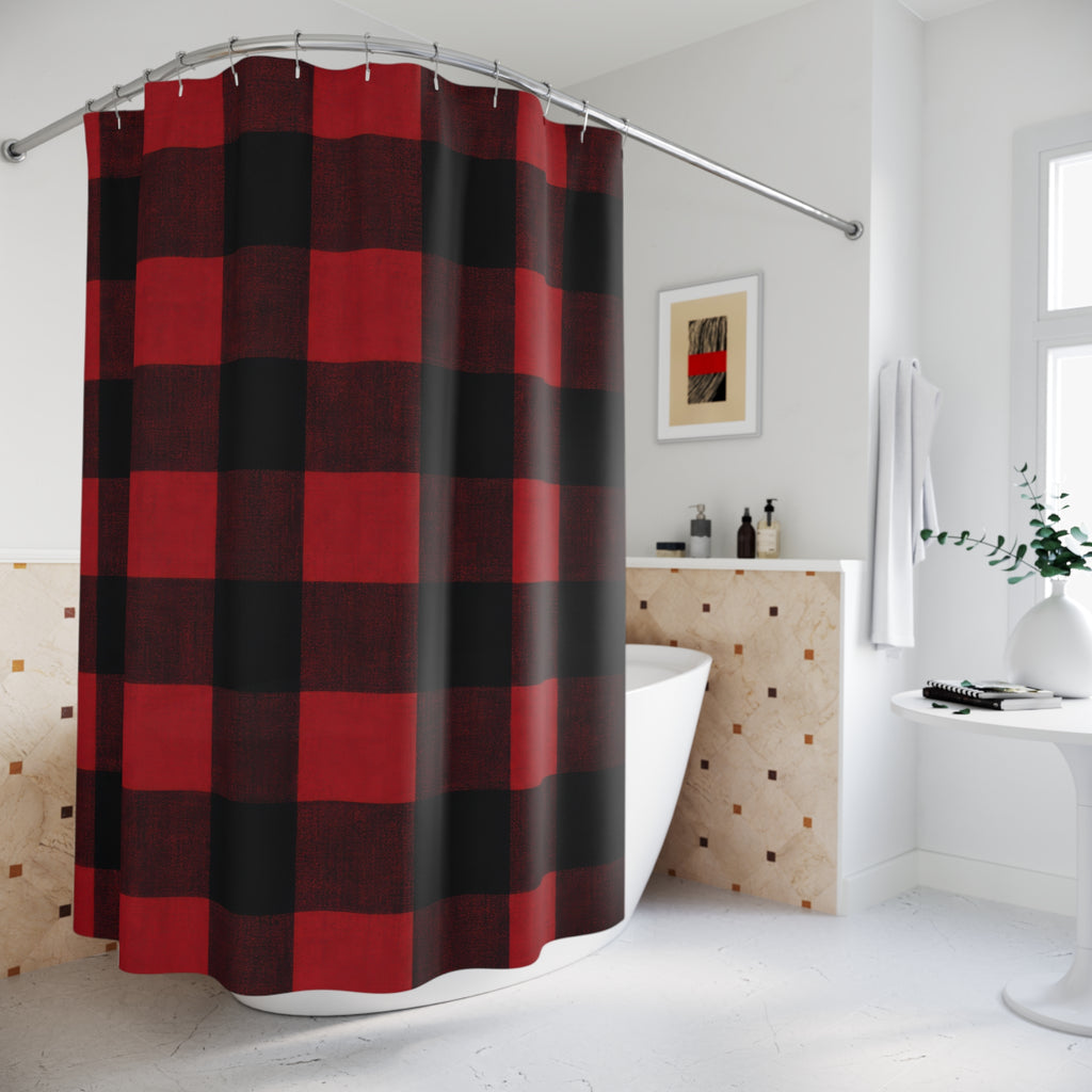 Buffalo Check Shower Curtain, Red Black Plaid Pattern, Rustic Farmhouse Bathroom Decor, Lodge Guest Bath Country Cabin Style