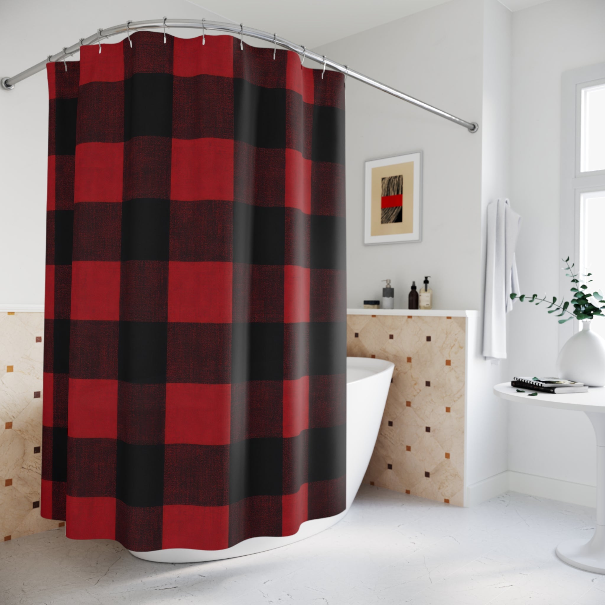 Buffalo Check Shower Curtain, Red Black Plaid Pattern, Rustic Farmhouse Bathroom Decor, Lodge Guest Bath Country Cabin Style