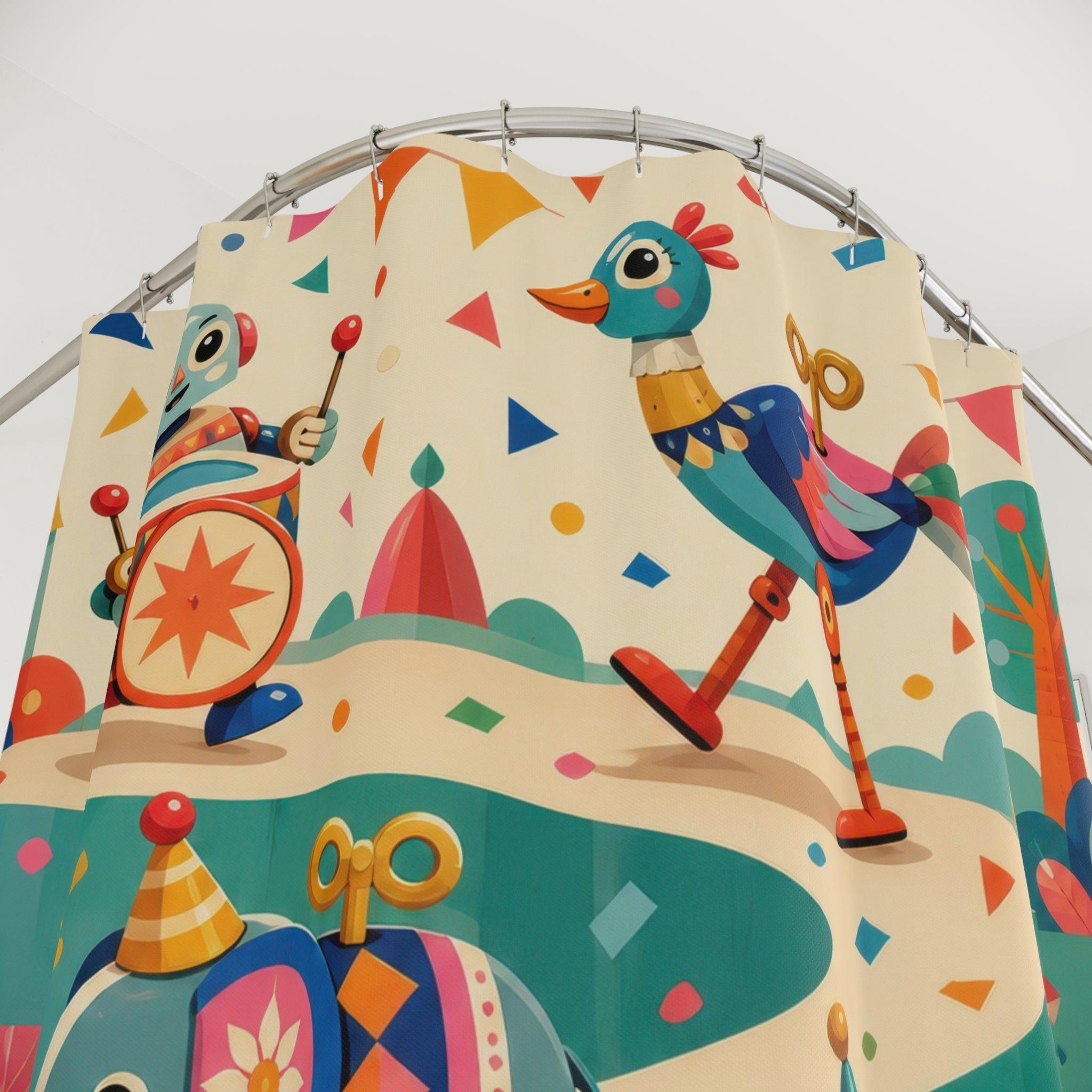 Whimsical clockwork toy parade with robot and animals shower curtain with close-up print, hooks, and folds