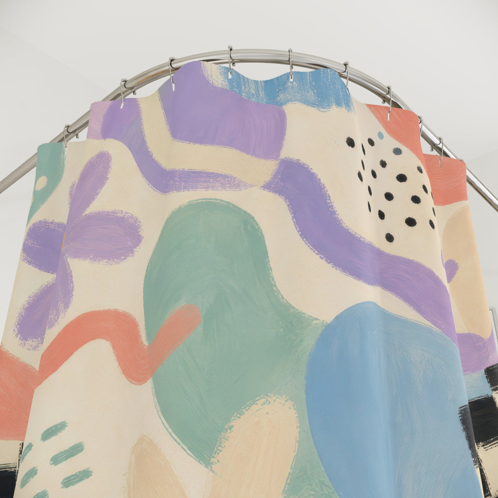 90s Abstract Shower Curtain, Painterly Pastel Flower Bath Decor, Sky Blue Lavender Checker Pattern, Retro Guest Bathroom Style Decor