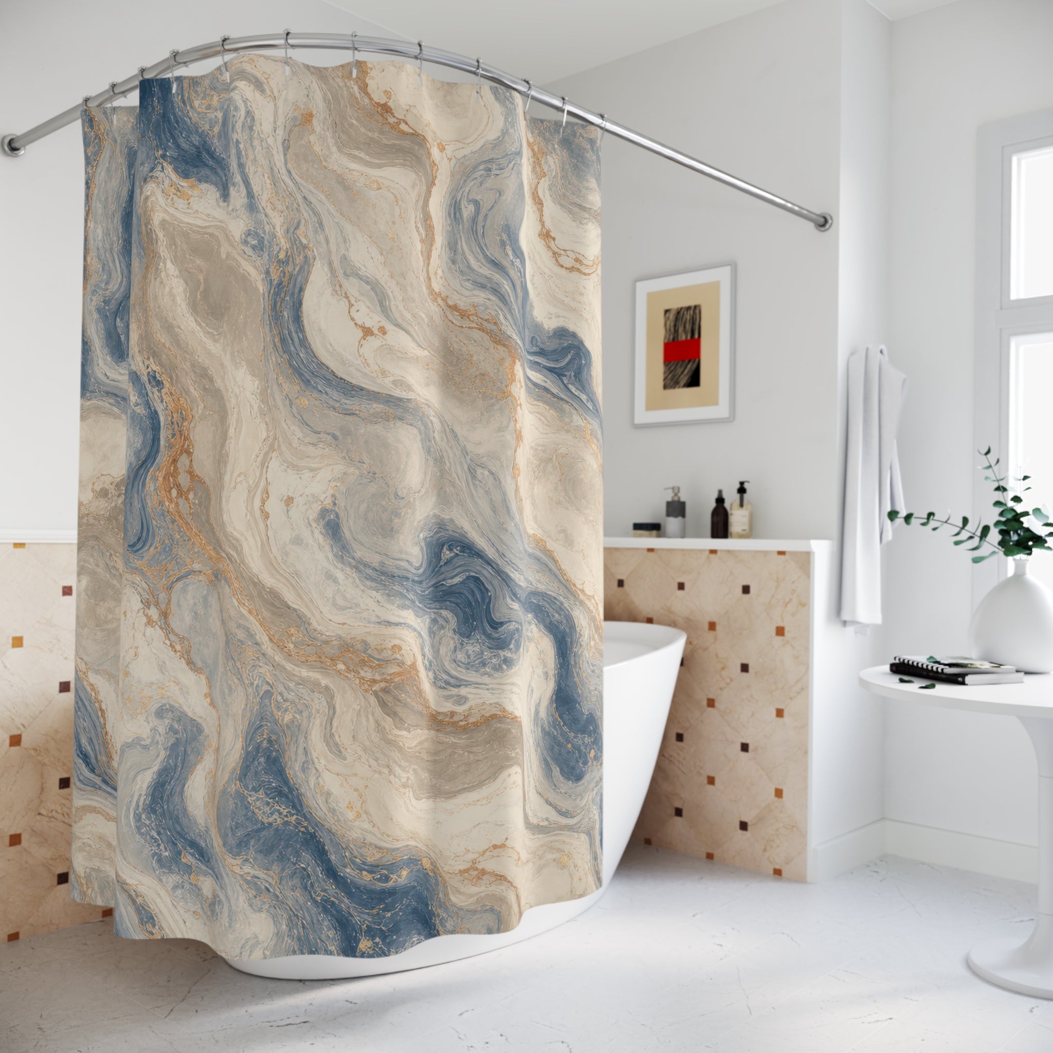 Blue Marble Shower Curtain, Cream Beige Stone Abstract Pattern, Spa Bathroom Decor, Serene Blue Spa Wall Decor Guest Bath Wall Gift