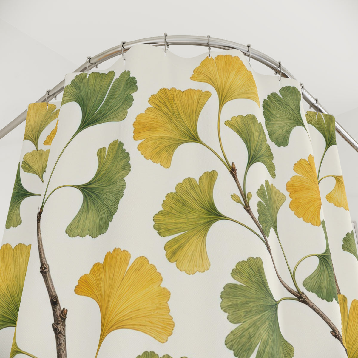 Yellow Green Botanical Leaf ginkgo shower curtain with close-up print, hooks, and folds