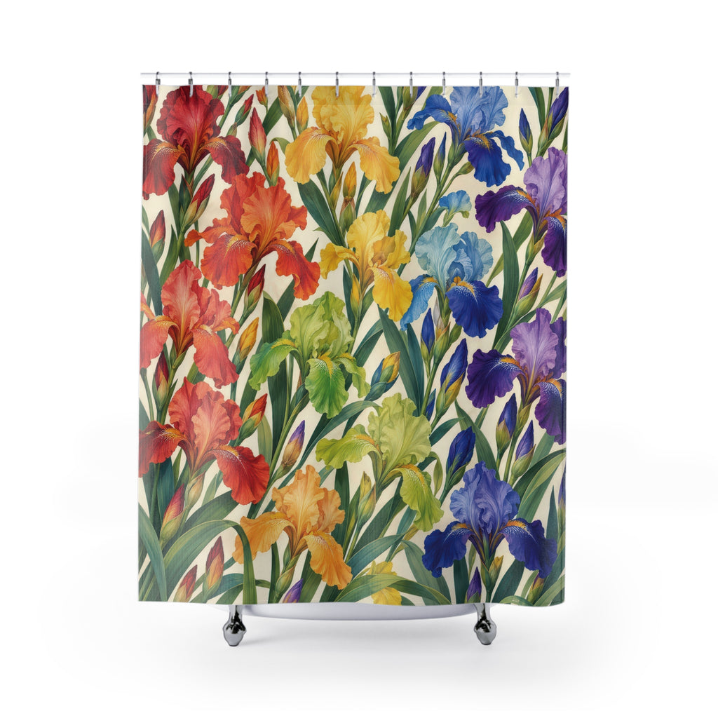 Rainbow iris flowers and green leaves on warm ivory shower curtain with full front view