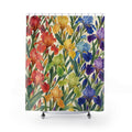 Rainbow iris flowers and green leaves on warm ivory shower curtain with full front view