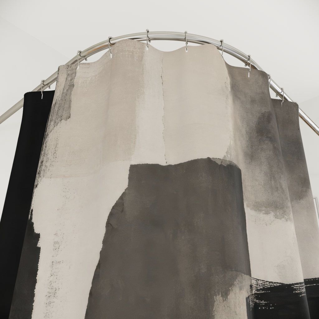 Black Gray charcoal abstract block shower curtain with close-up print, hooks, and folds
