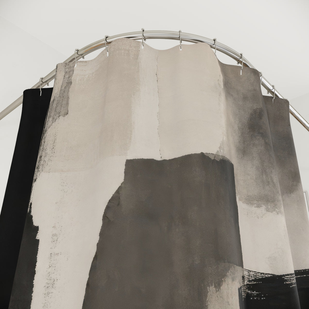 Black Gray charcoal abstract block shower curtain with close-up print, hooks, and folds