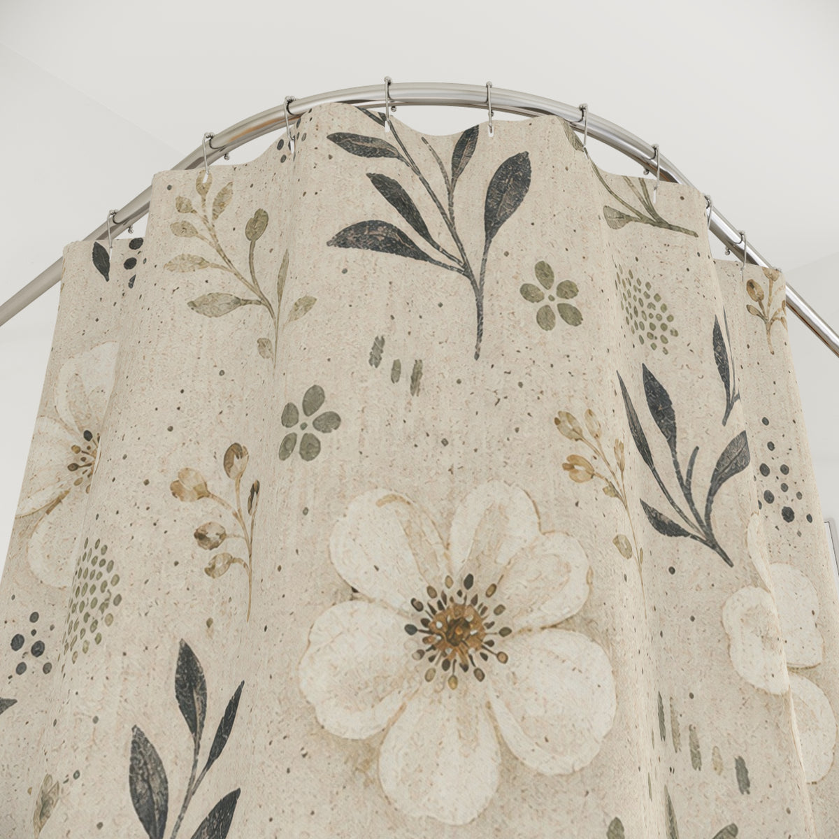Neutral Stoneware Floral farmhouse cream shower curtain with close-up print, hooks, and folds