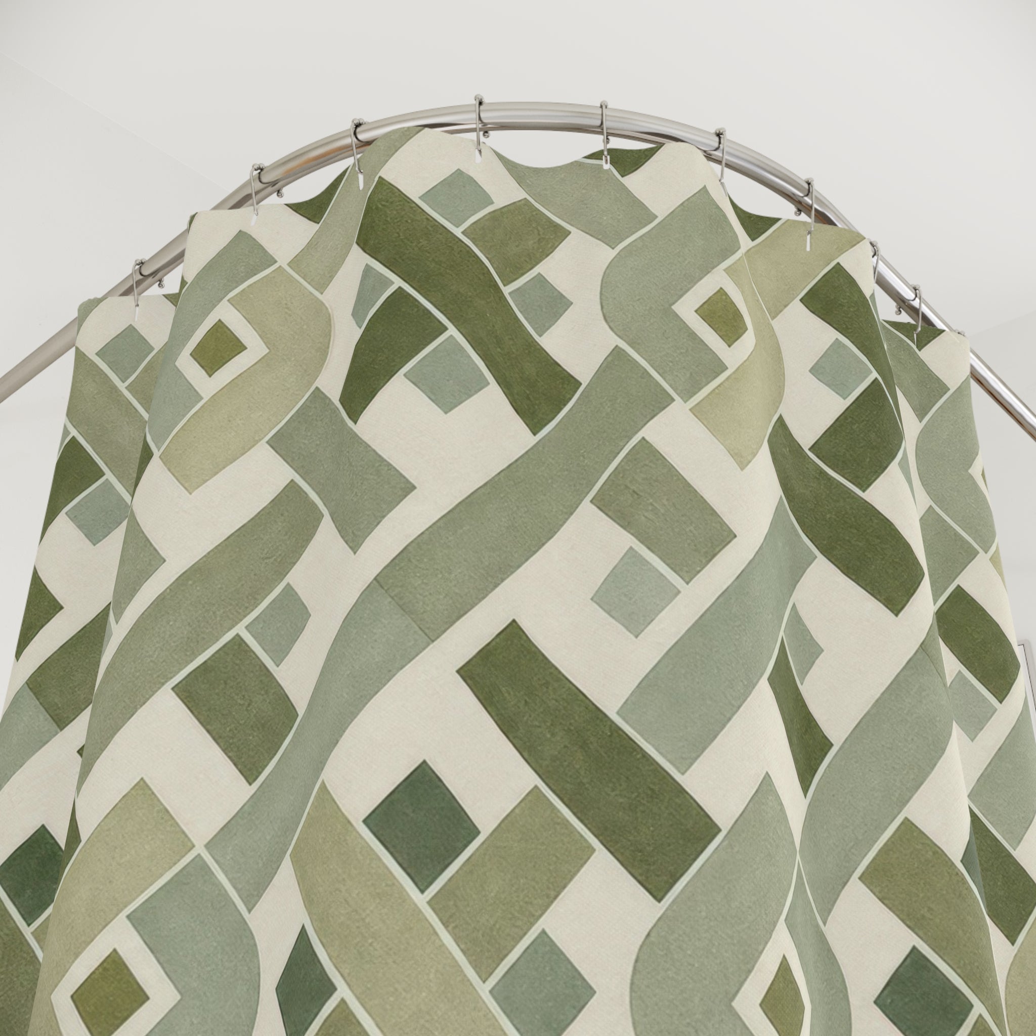 Green Geometric Shower Curtain, Olive Sage Lattice Pattern, Woven Tile Bath Decor, Modern Traditional Guest Bathroom Accent, Tailored Green