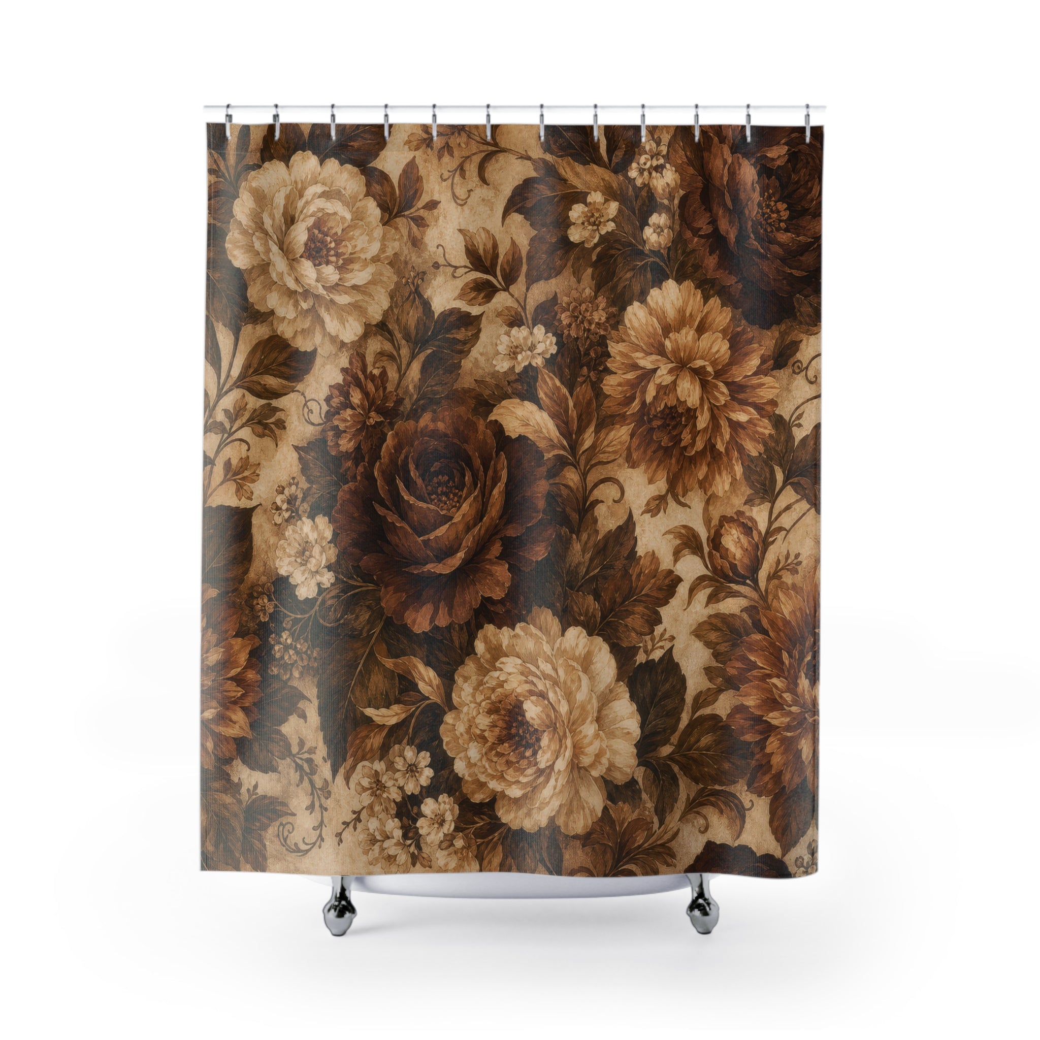 Brown Floral Shower Curtain: Vintage Botanical Pattern
