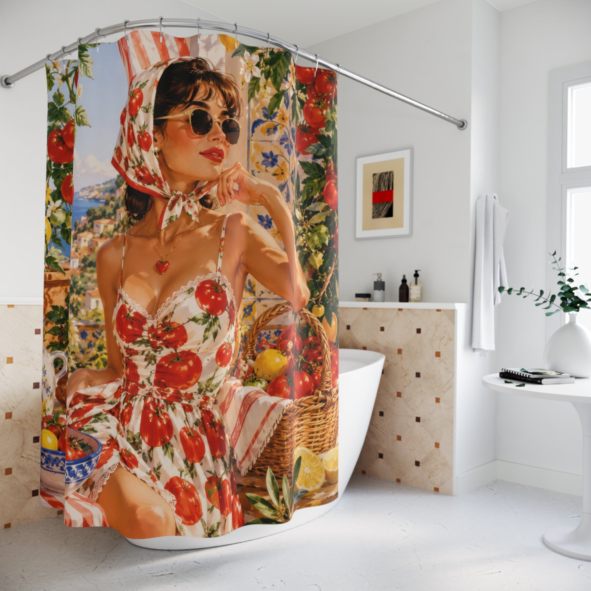 Tomato Girl Shower Curtain: Red White Mediterranean