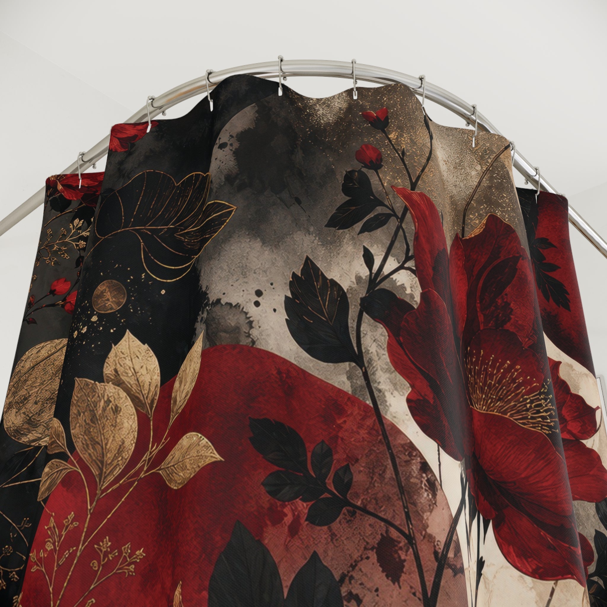 Red and Black Shower Curtain: Dark Floral Rose Pattern