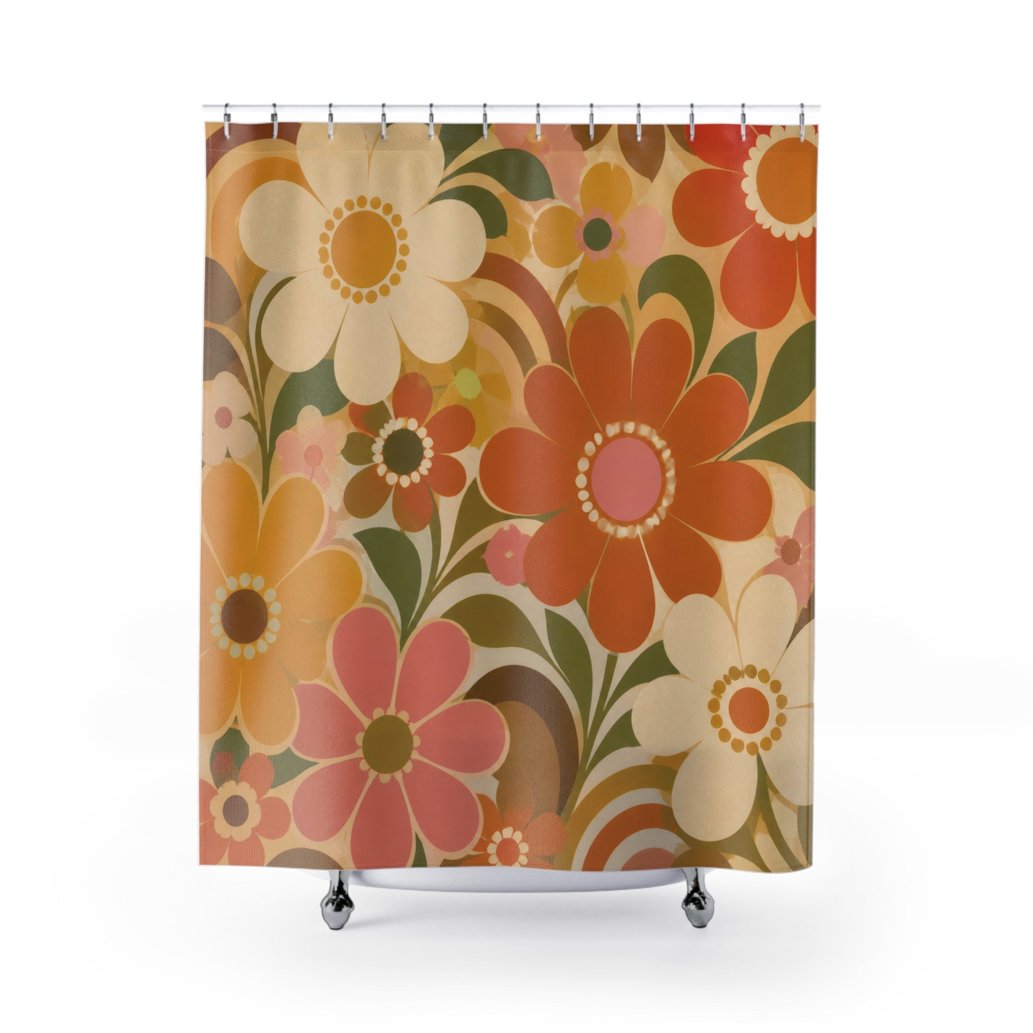 Retro Floral Shower Curtain: Orange Yellow Green Daisy Pattern