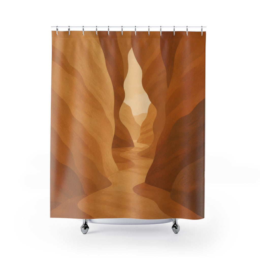 Tan desert canyon walls framing a sunlit keyhole passage shower curtain with full front view