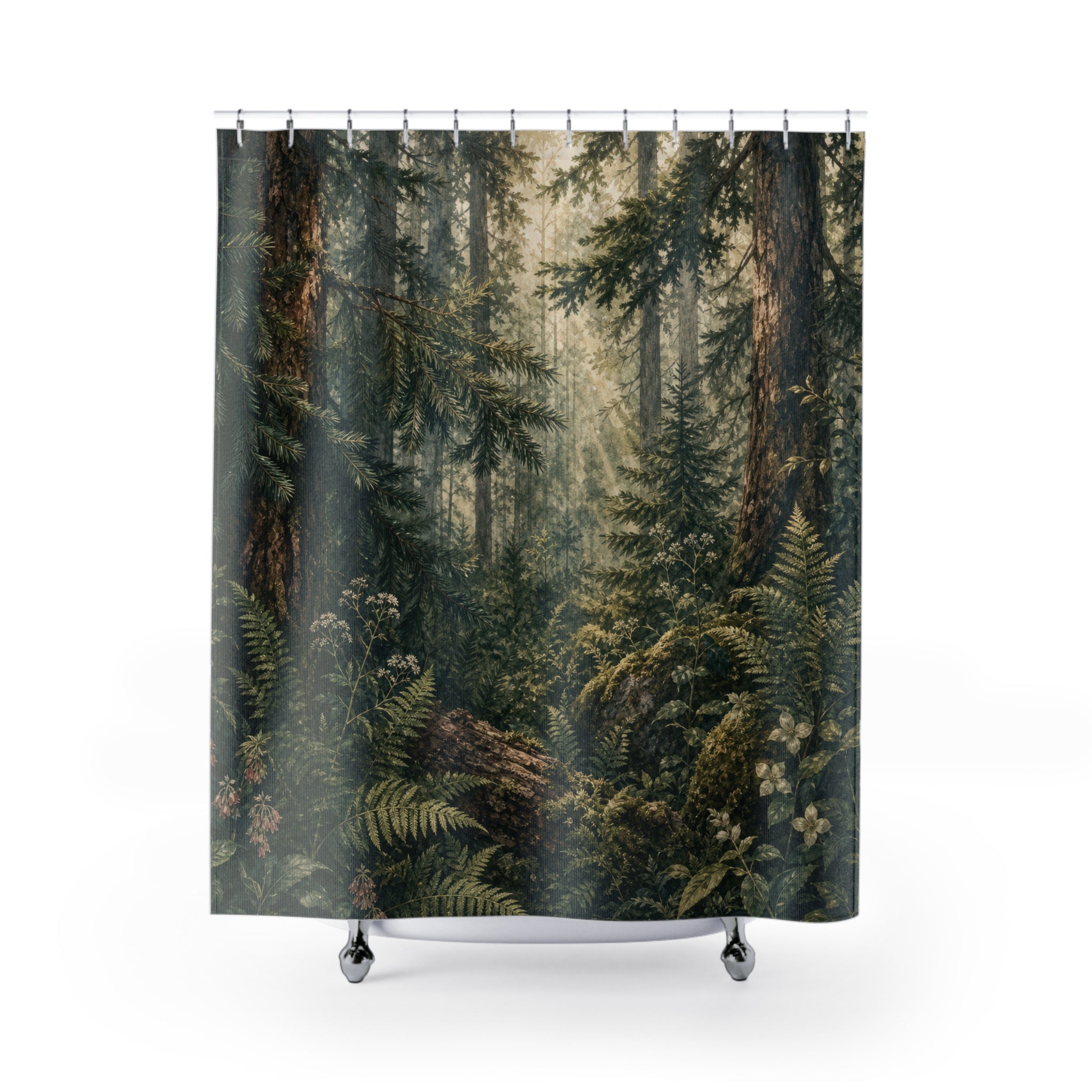 Forest Shower Curtain: Dark Green Woodland Landscape