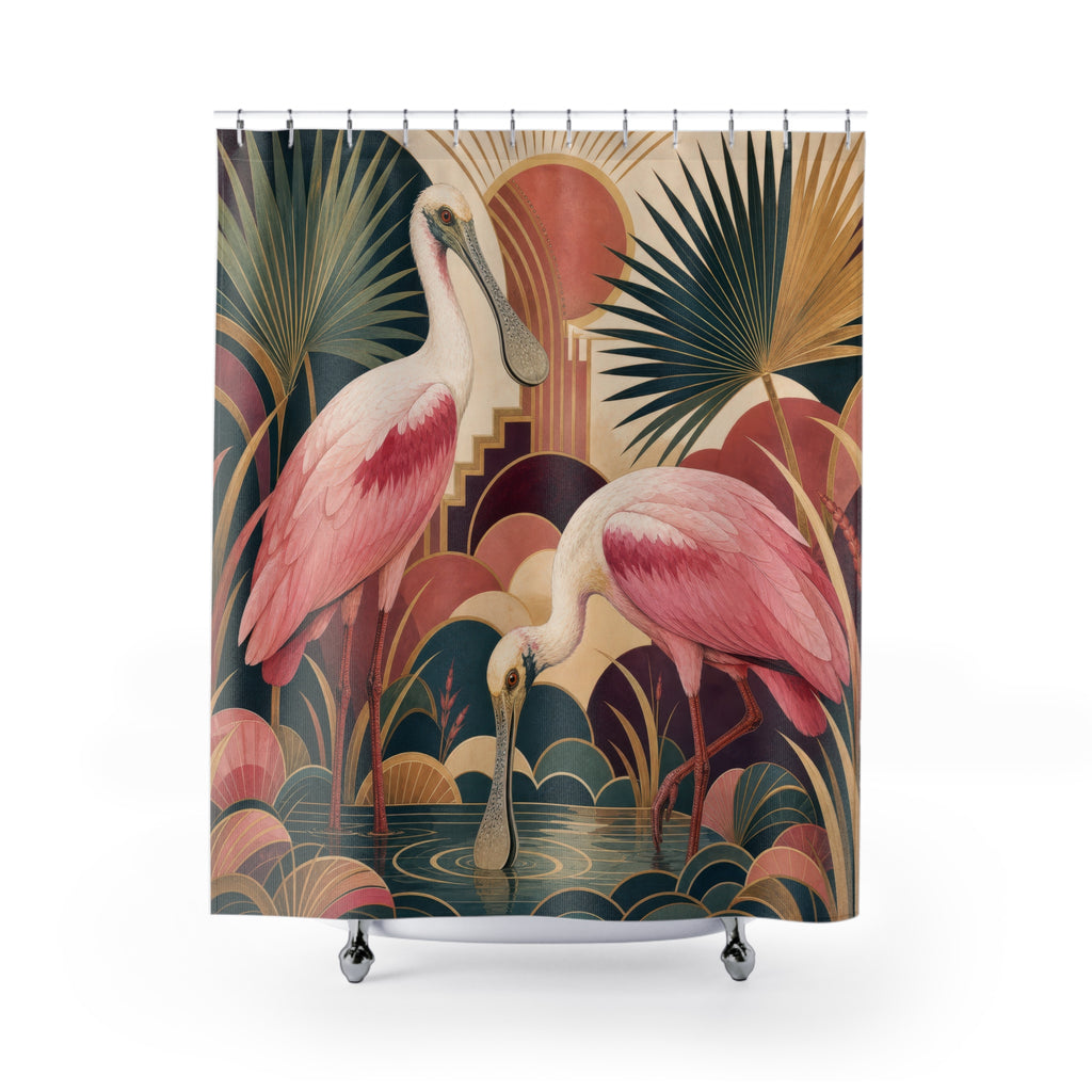 Art Deco Roseate Spoonbill Pair Shower Curtain