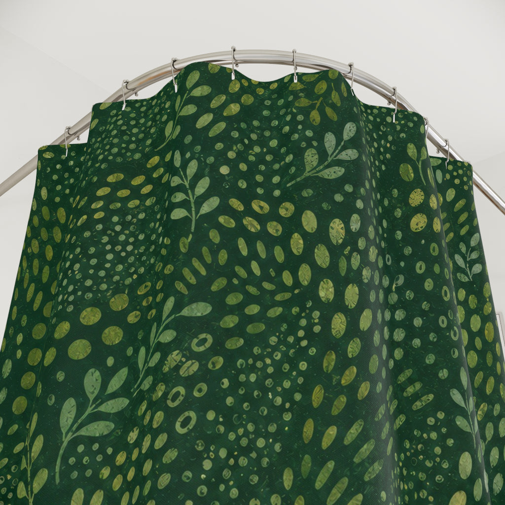 Green Botanical Shower Curtain, Boho Leaf Bath Decor, Dotted Vine Pattern, Forest Sage Guest Bathroom Decor, Organic Green Style