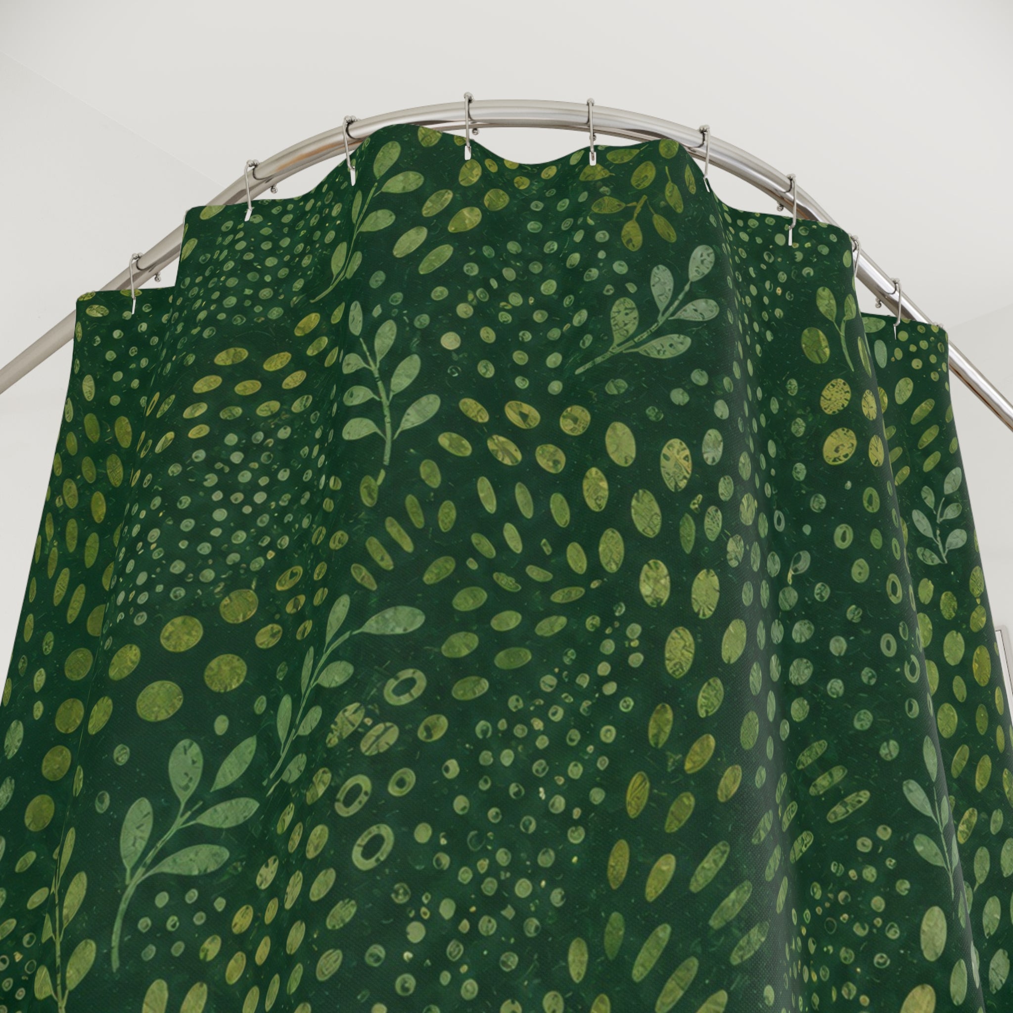 Green Botanical Shower Curtain, Boho Leaf Bath Decor, Dotted Vine Pattern, Forest Sage Guest Bathroom Decor, Organic Green Style