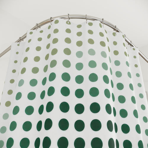 Abstract Dot Green White shower curtain with close-up print, hooks, and folds