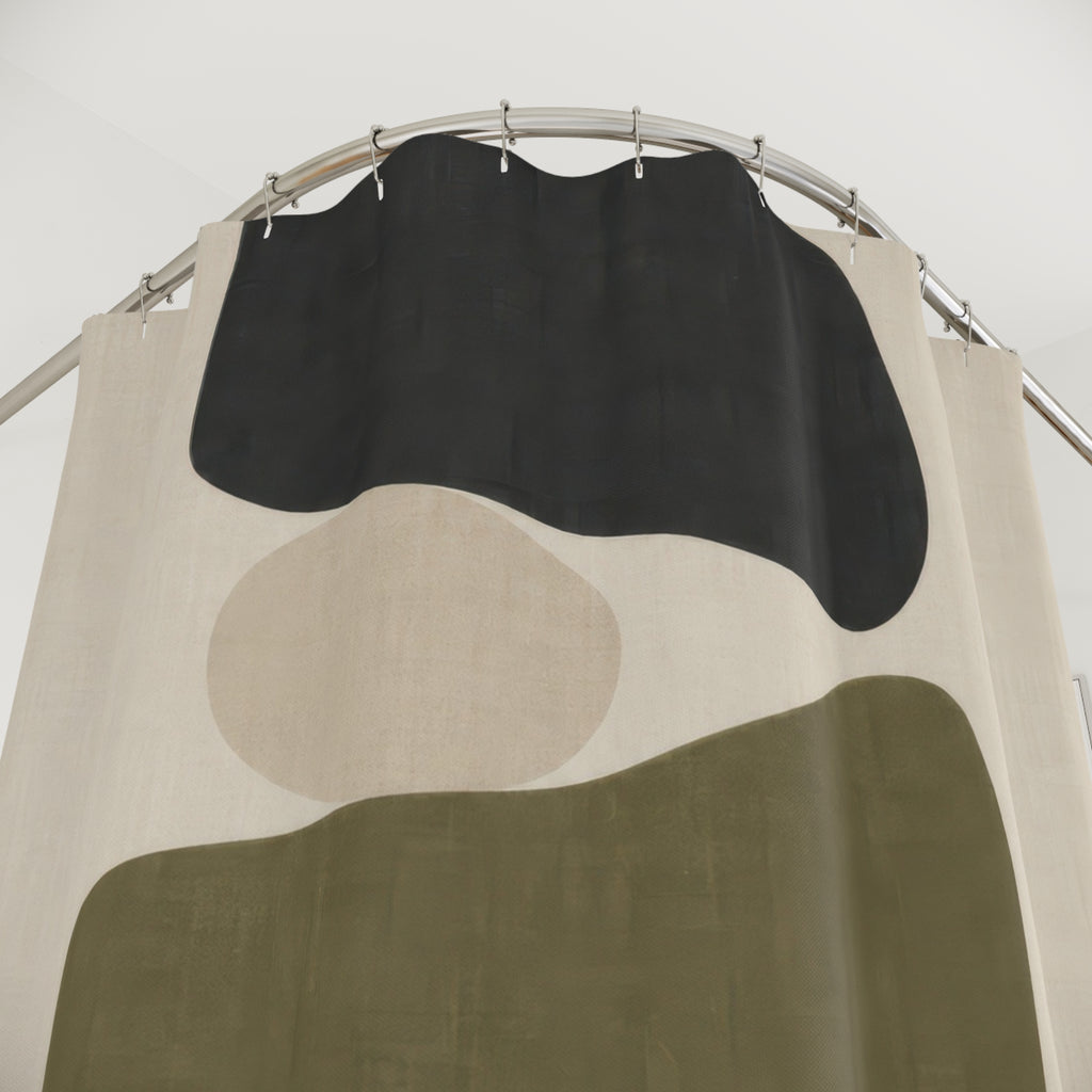 Abstract Shower Curtain, Charcoal Olive Minimal Shapes, Green Beige Bathroom Decor, Modern Neutral Guest Bath Organic Style
