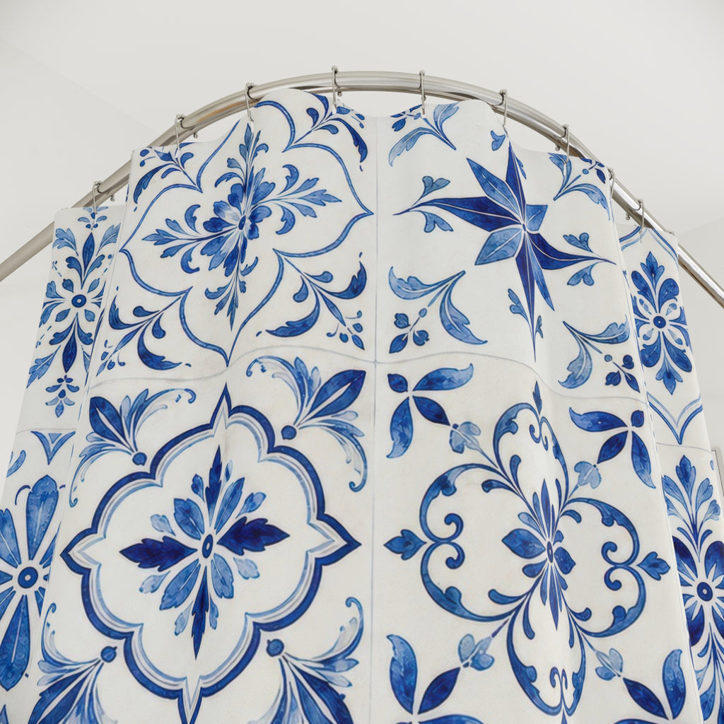 Blue Medallion Tile Shower Curtain, Blue White Classic Bathroom Decor, Tile Floral Bath Curtain, Guest Bath Decor, Small Bathroom Decor
