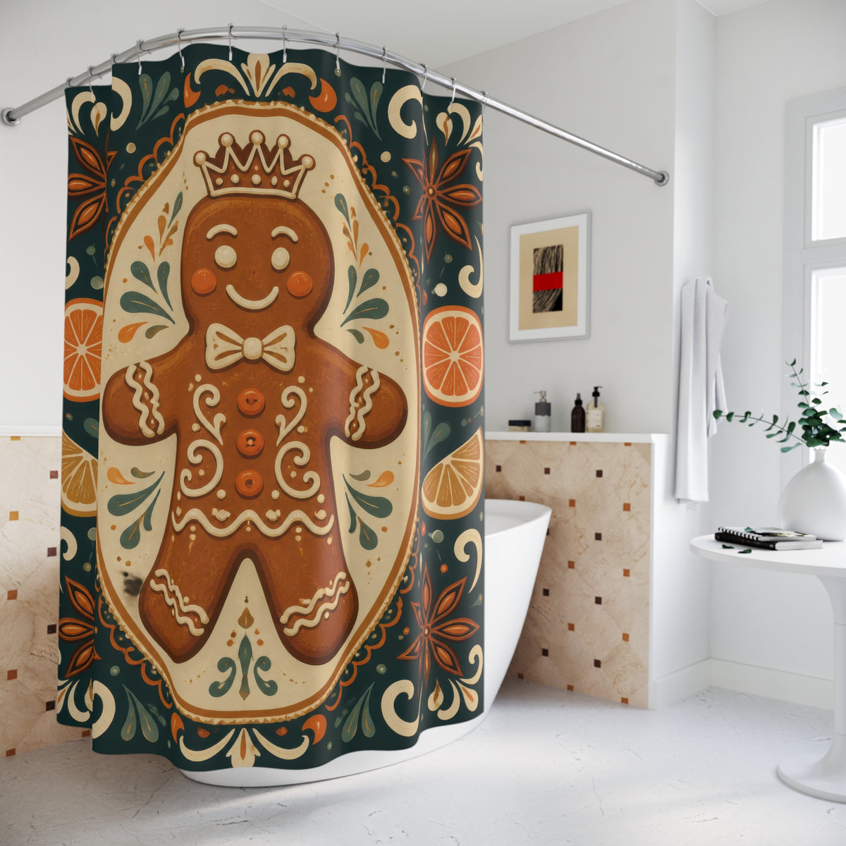 Crowned gingerbread cookie in a folk art medallion shower curtain beside a freestanding tub