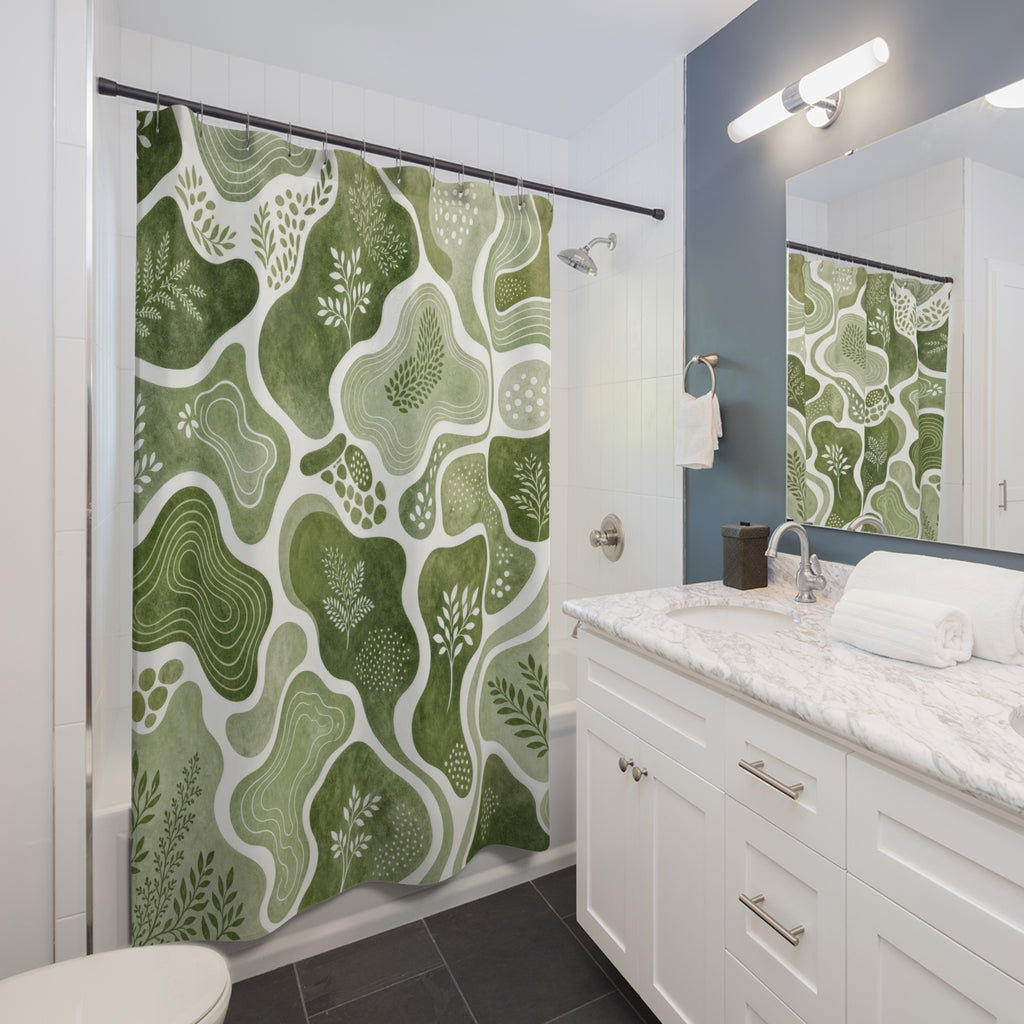 Green White Topographic Botanical Shower Curtain