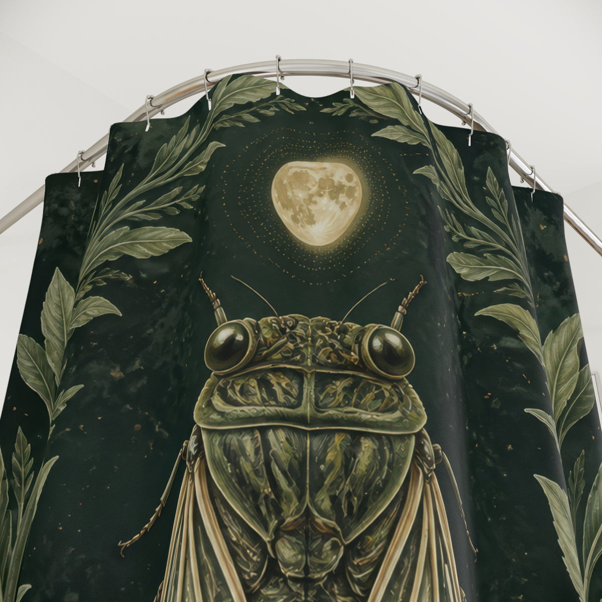 Cicada beneath a pale moon framed by sage leaves shower curtain with close-up print, hooks, and folds