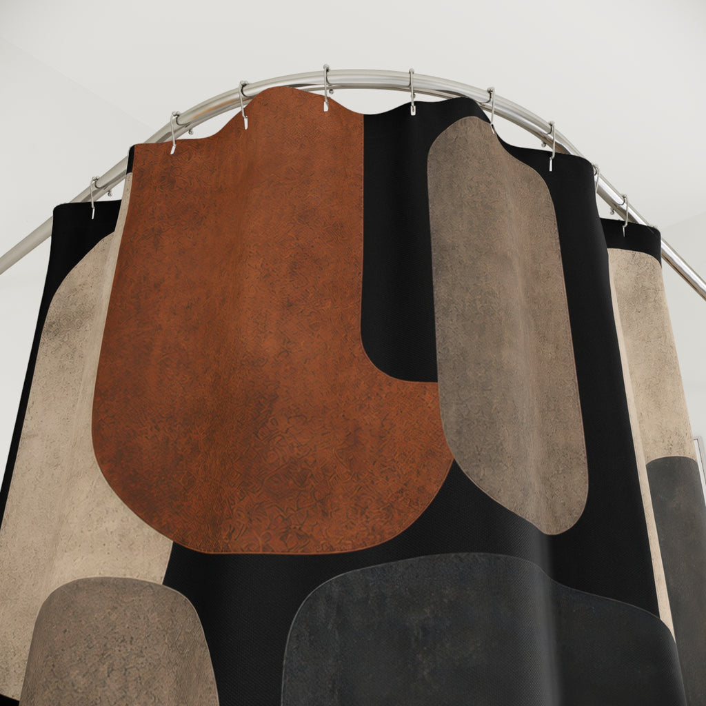 Black Brown Shower Curtain, Modern Geometric Bath Decor, Rust Cream Rounded Block Pattern, Warm Neutral Bathroom Decor, Retro Style
